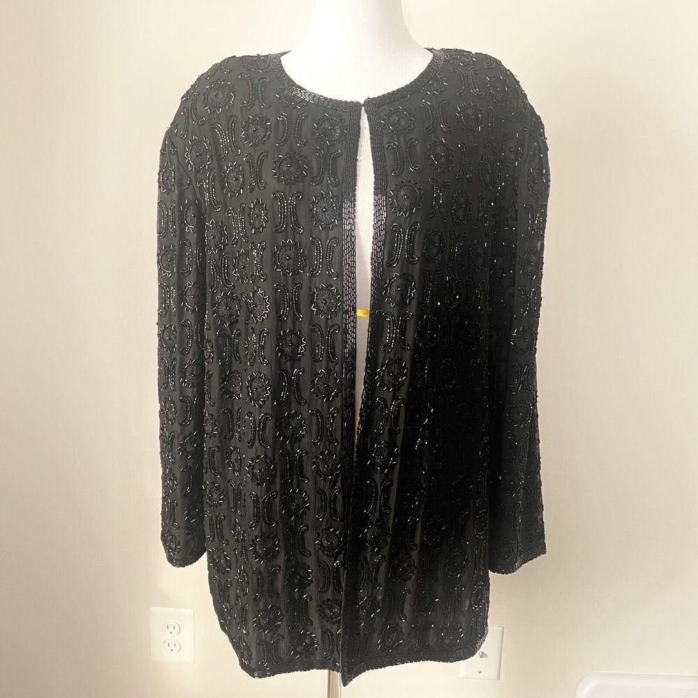 Papell Boutique Evening Jacket 2X Silk Beaded Black Special Occasion Cocktail